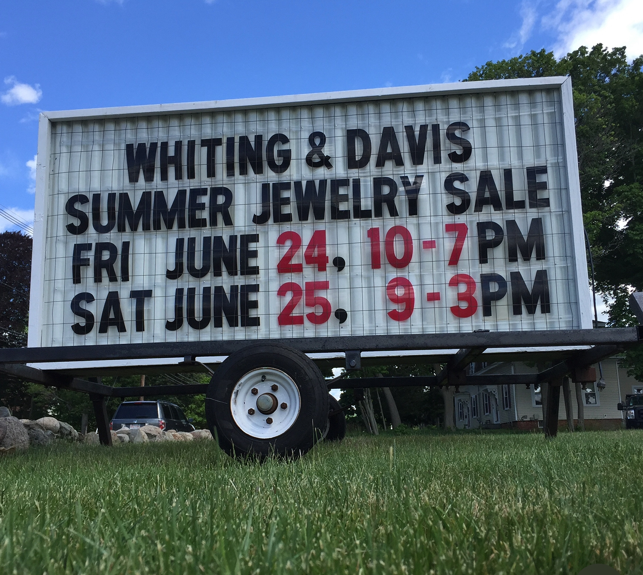 Whiting & Davis Summer Jewelry Sale sign